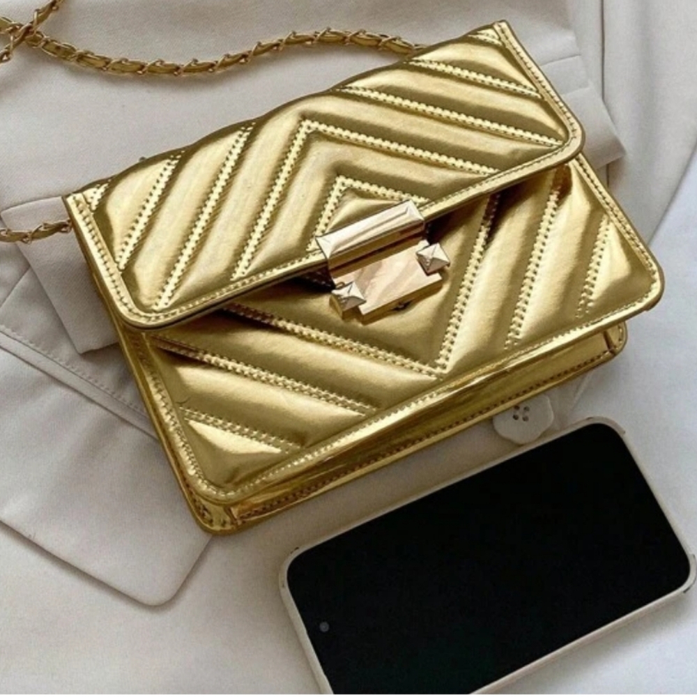 METALLIC Chevron Quilt Chain Shoulder Bag Crossbody NWT